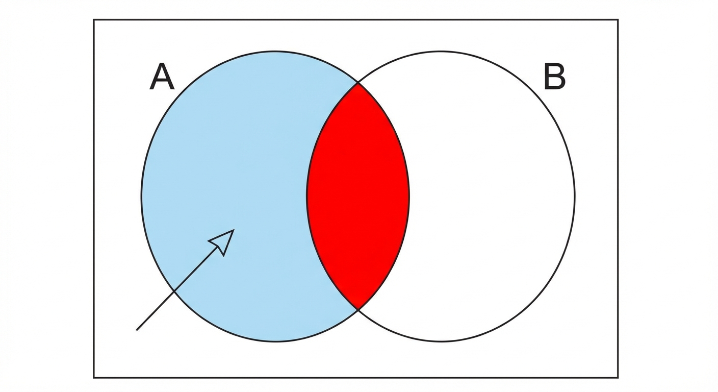 Schéma de type diagramme de Venn sur fond blanc. Un grand rectangle représente l'univers Omega. À l'intérieur, deux cercles A et B qui se chevauchent. La partie commune (intersection) est coloriée en rouge vif. Le reste du cercle A est colorié en bleu clair. Une flèche indique que pour P_A(B), on regarde uniquement l'intérieur du cercle A.