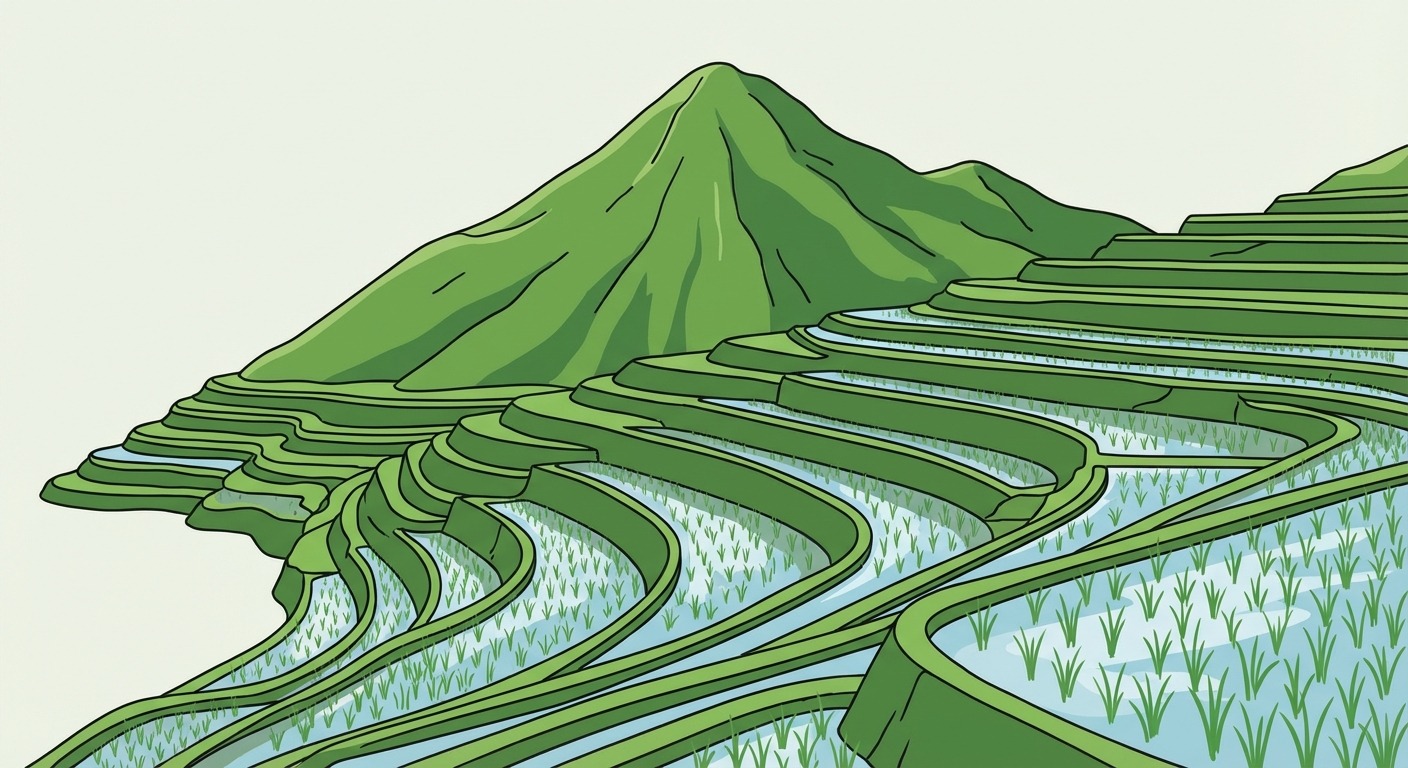 Dessin pédagogique d'une montagne verte où les pentes ont été taillées en grands escaliers (terrasses) pour cultiver du riz. On voit de l'eau retenue sur chaque niveau.