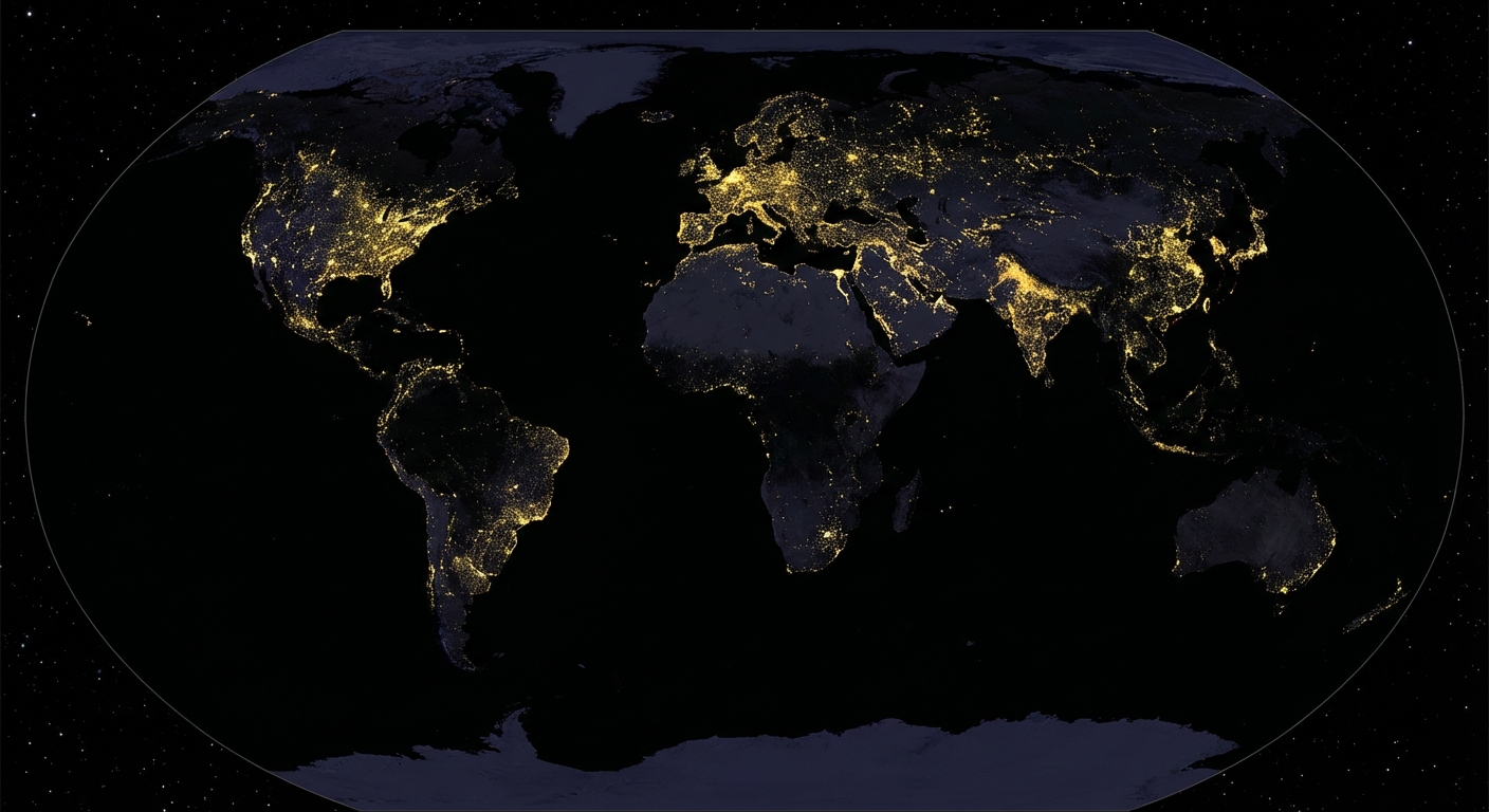 Carte du monde vue de nuit par satellite. Contraste fort entre les zones très lumineuses (Europe, USA, Asie de l'Est) et les vastes zones noires (Sahara, Amazonie, Pôles, Himalaya). Fond noir spatial.