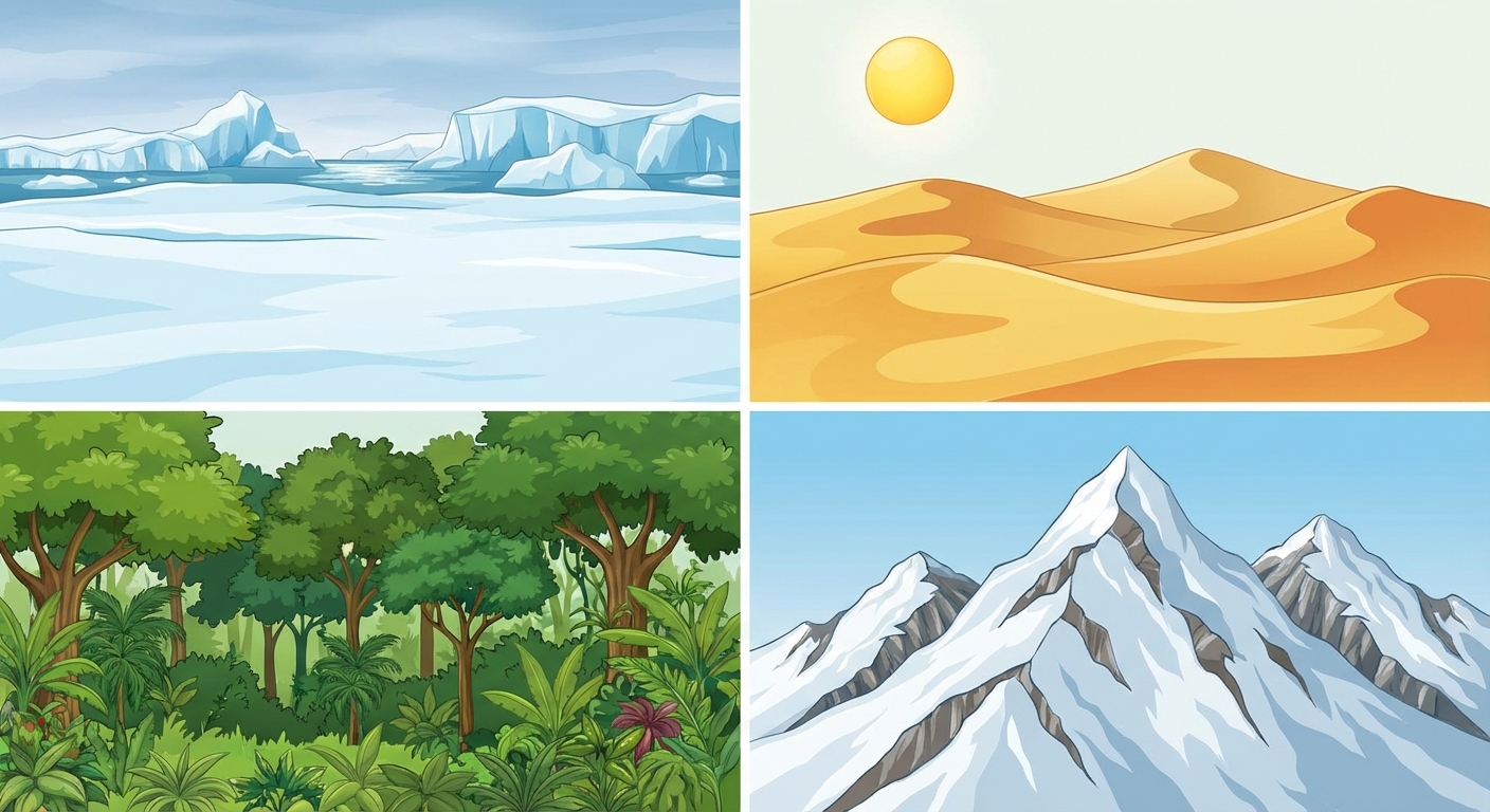 Image divisée en quatre parties. 1: Glace polaire (désert froid). 2: Dunes de sable (désert chaud). 3: Forêt tropicale très dense et verte. 4: Hauts sommets montagneux enneigés et escarpés.