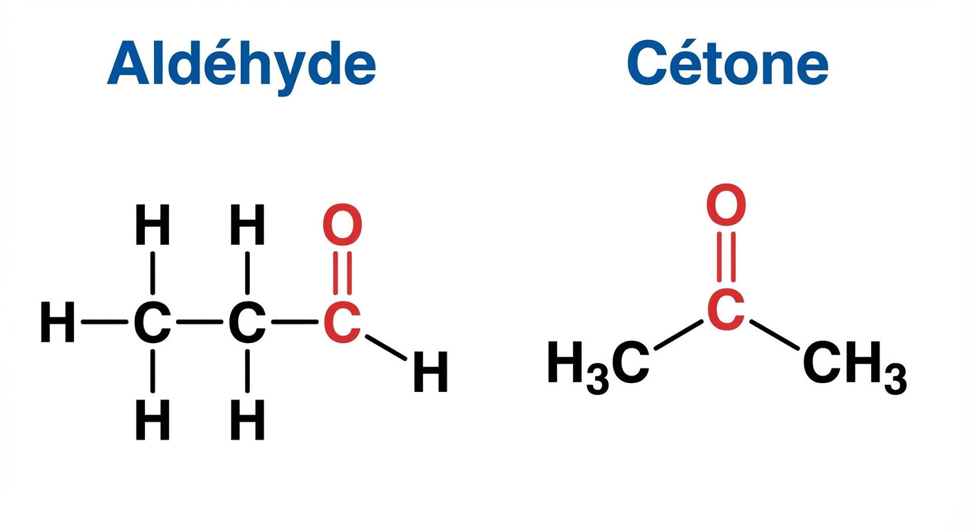 Schéma comparatif sur fond blanc. À gauche, titre 'Aldéhyde', dessin de la molécule Propanal : CH3-CH2-CHO (le C=O est au bout avec un H). À droite, titre 'Cétone', dessin de la molécule Propanone : CH3-CO-CH3 (le C=O est au milieu). Le groupe C=O est en rouge.