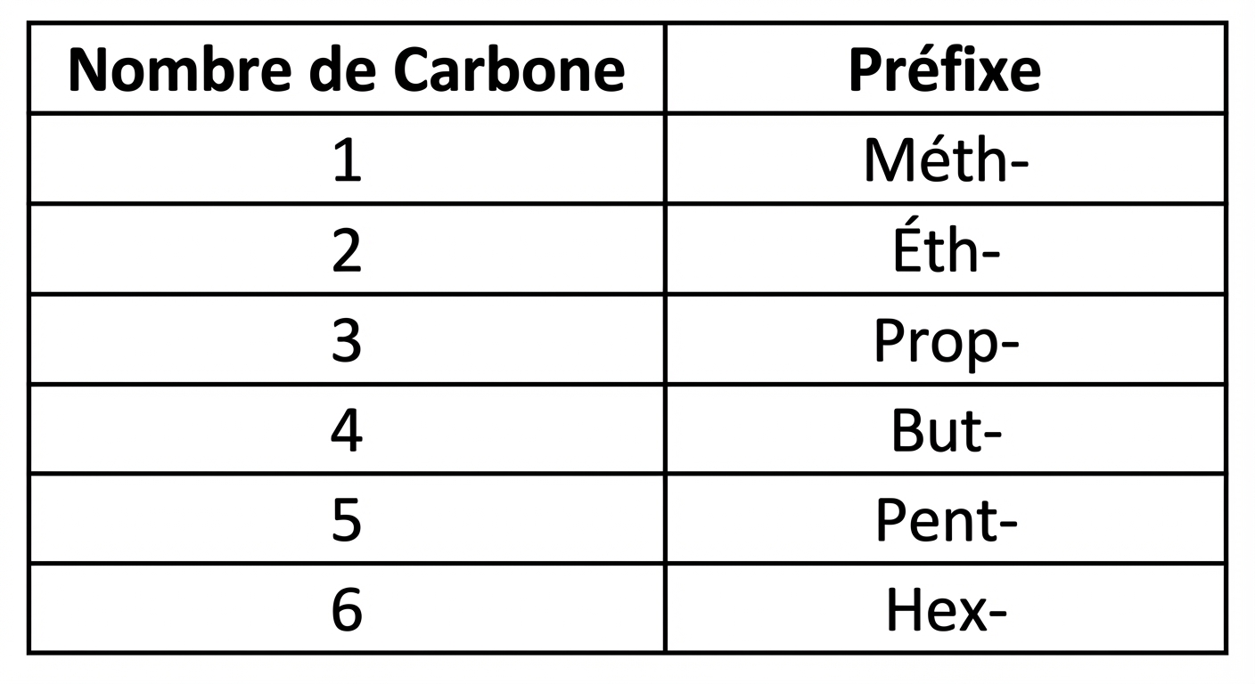 Tableau simple sur fond blanc avec deux colonnes. Colonne gauche : 'Nombre de Carbone', Colonne droite : 'Préfixe'. Ligne 1 : '1 -> Méth-'. Ligne 2 : '2 -> Éth-'. Ligne 3 : '3 -> Prop-'. Ligne 4 : '4 -> But-'. Ligne 5 : '5 -> Pent-'. Ligne 6 : '6 -> Hex-'.