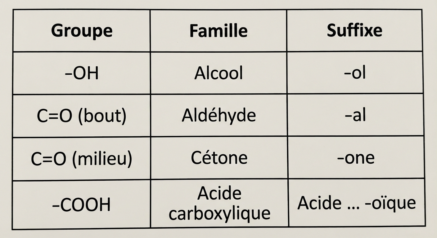 Tableau de synthèse sur fond blanc, 3 colonnes. En-têtes : 'Groupe', 'Famille', 'Suffixe'. Ligne 1 : '-OH', 'Alcool', '-ol'. Ligne 2 : 'C=O (bout)', 'Aldéhyde', '-al'. Ligne 3 : 'C=O (milieu)', 'Cétone', '-one'. Ligne 4 : '-COOH', 'Acide carboxylique', 'Acide ... -oïque'.