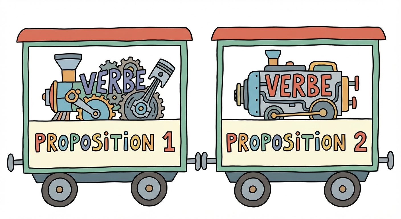 Dessin style enfantin sur fond blanc. Un train composé de deux wagons attachés. Sur le premier wagon, il est écrit 'PROPOSITION 1' avec un verbe dessiné comme un moteur. Sur le deuxième wagon, il est écrit 'PROPOSITION 2' avec un autre moteur.
