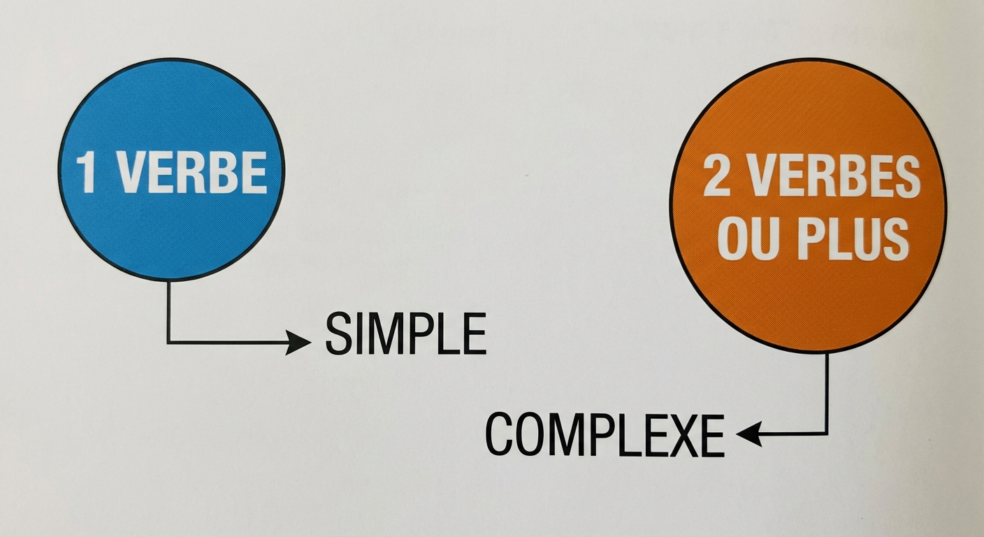 Schéma simple sur fond blanc. À gauche, une bulle bleue contenant le chiffre '1' et le mot 'VERBE'. À droite, une bulle orange contenant le texte '2 VERBES OU PLUS'. Une flèche part de la bulle bleue vers le mot 'SIMPLE'. Une flèche part de la bulle orange vers le mot 'COMPLEXE'.