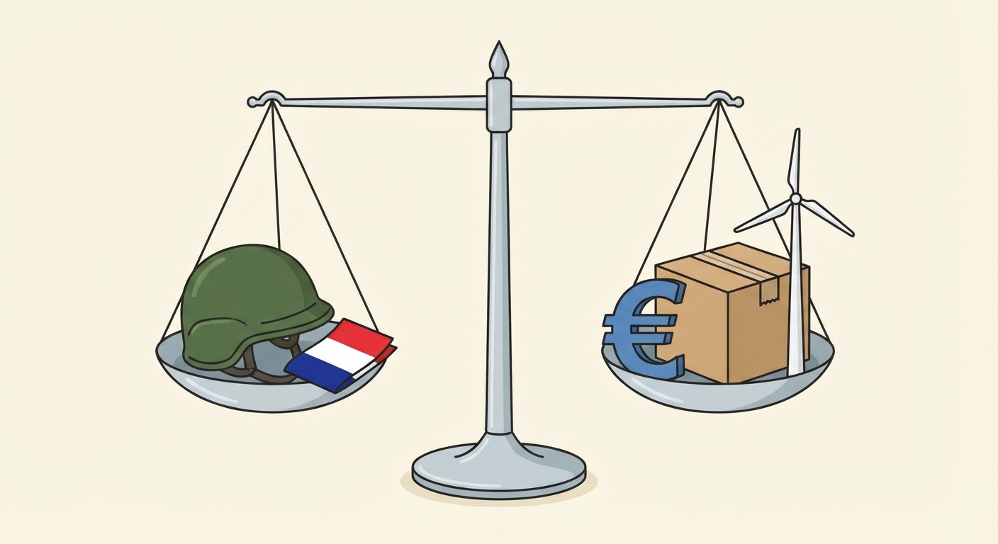 Dessin d'une balance à deux plateaux. Plateau gauche 'France' : un casque militaire et un drapeau tricolore. Plateau droite 'UE' : symbole de l'Euro, carton de marchandises et éolienne (normes). La balance est à l'équilibre.