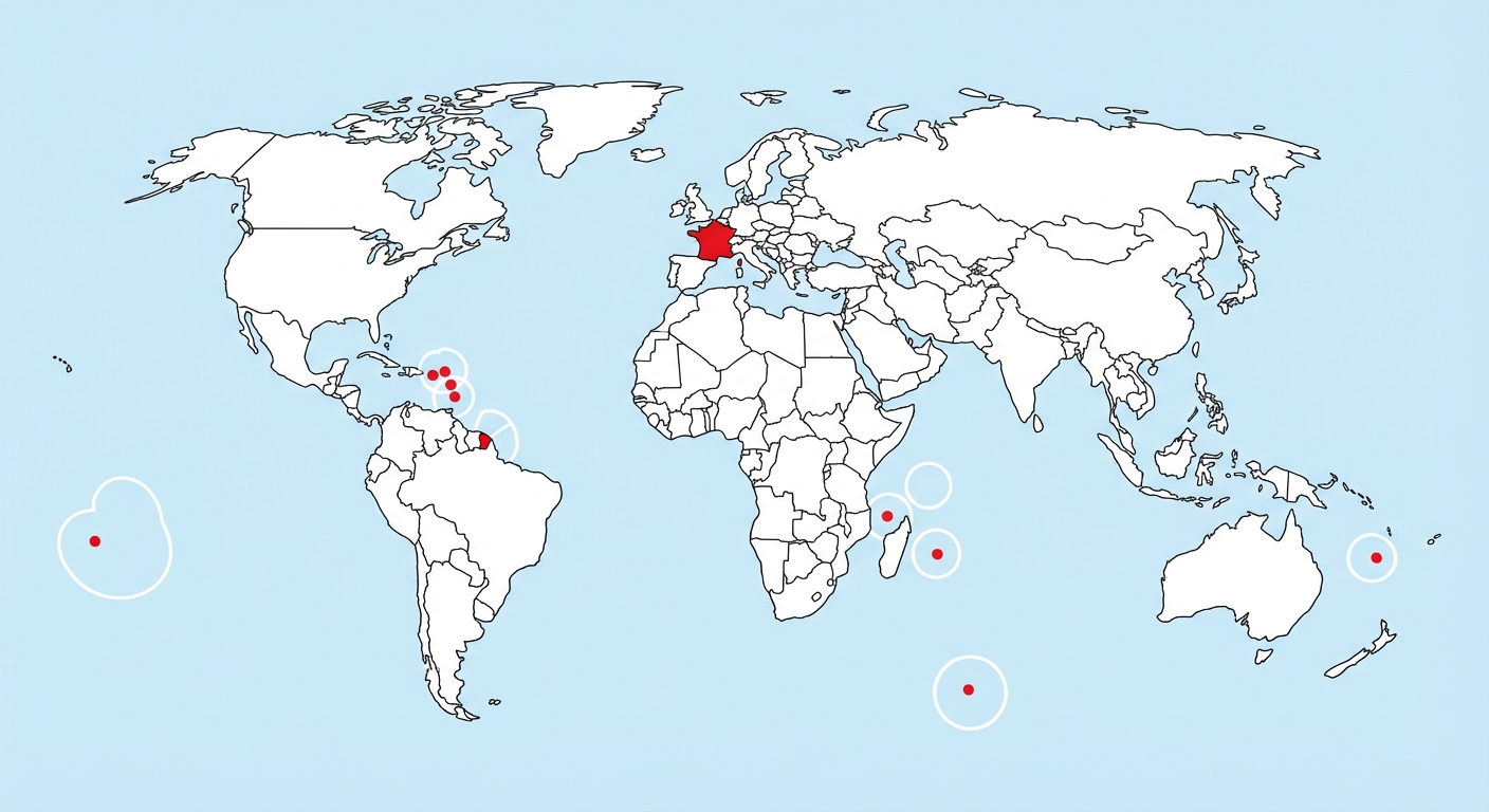 Planisphère simplifié sur fond bleu. La France métropolitaine est en rouge. De petits points rouges (Guadeloupe, Réunion, Polynésie, etc.) sont visibles dans tous les océans, entourés de cercles blancs représentant la Zone Économique Exclusive (ZEE).