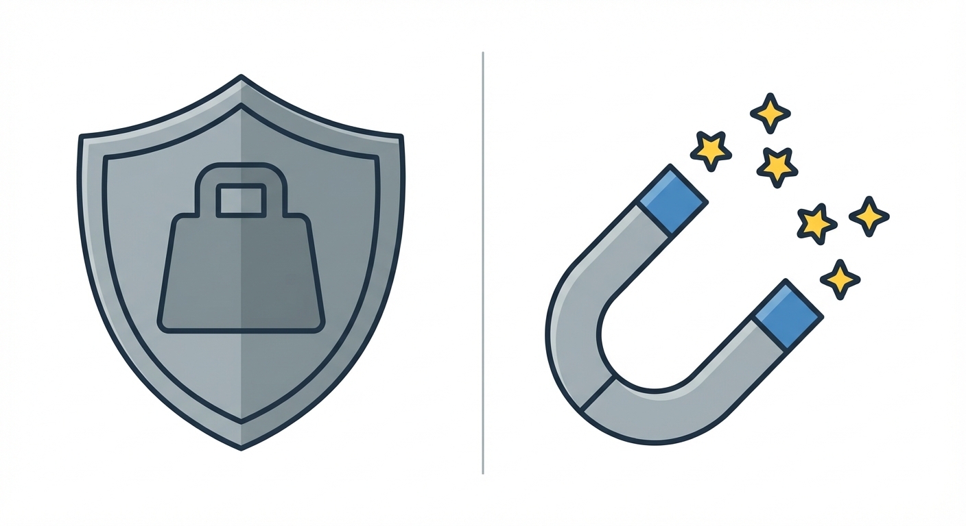 Schéma simple en deux parties sur fond blanc. À gauche, un symbole de poids lourd ou de bouclier gris représentant la 'Puissance'. À droite, un aimant attirant des étoiles ou une ampoule lumineuse représentant l''Influence'. Aucun texte complexe.
