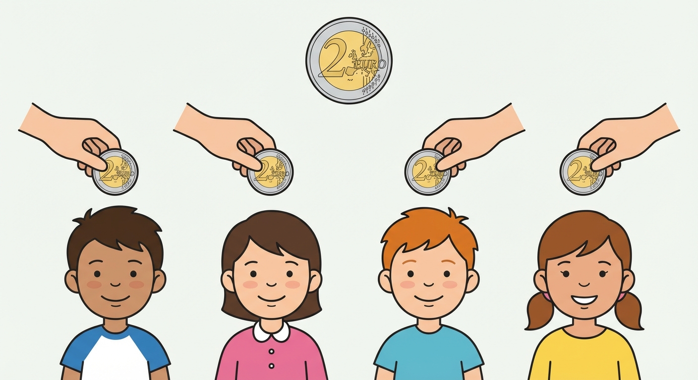 Illustration style scolaire : 4 enfants alignés. Au-dessus d'eux, une main tient 2 euros pour chaque enfant. Tout en haut, une grosse pièce de 2 euros reste seule (le reste).
