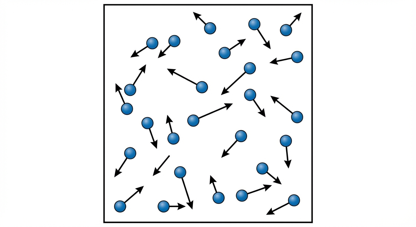 Schéma simple en 2D : un carré représentant un récipient fermé. À l'intérieur, des molécules (sphères bleues) sont dispersées. Des vecteurs vitesse (flèches) de tailles et directions différentes partent de chaque sphère pour symboliser l'agitation désordonnée.