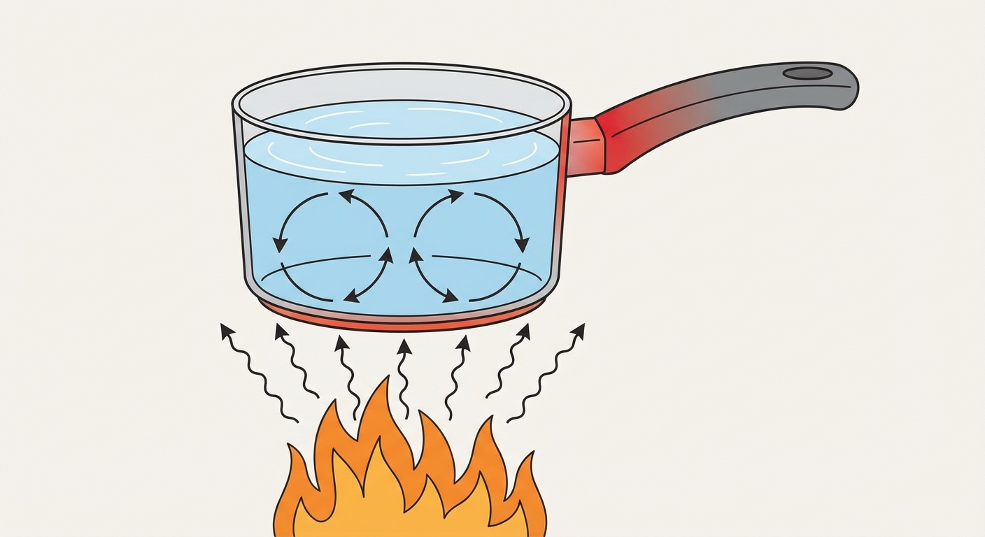 Dessin pédagogique : Une casserole d'eau sur un feu. 1) Rayonnement (flèches ondulées du feu vers la casserole). 2) Conduction (le manche devient chaud, rouge dégradé). 3) Convection (mouvements circulaires de l'eau à l'intérieur).