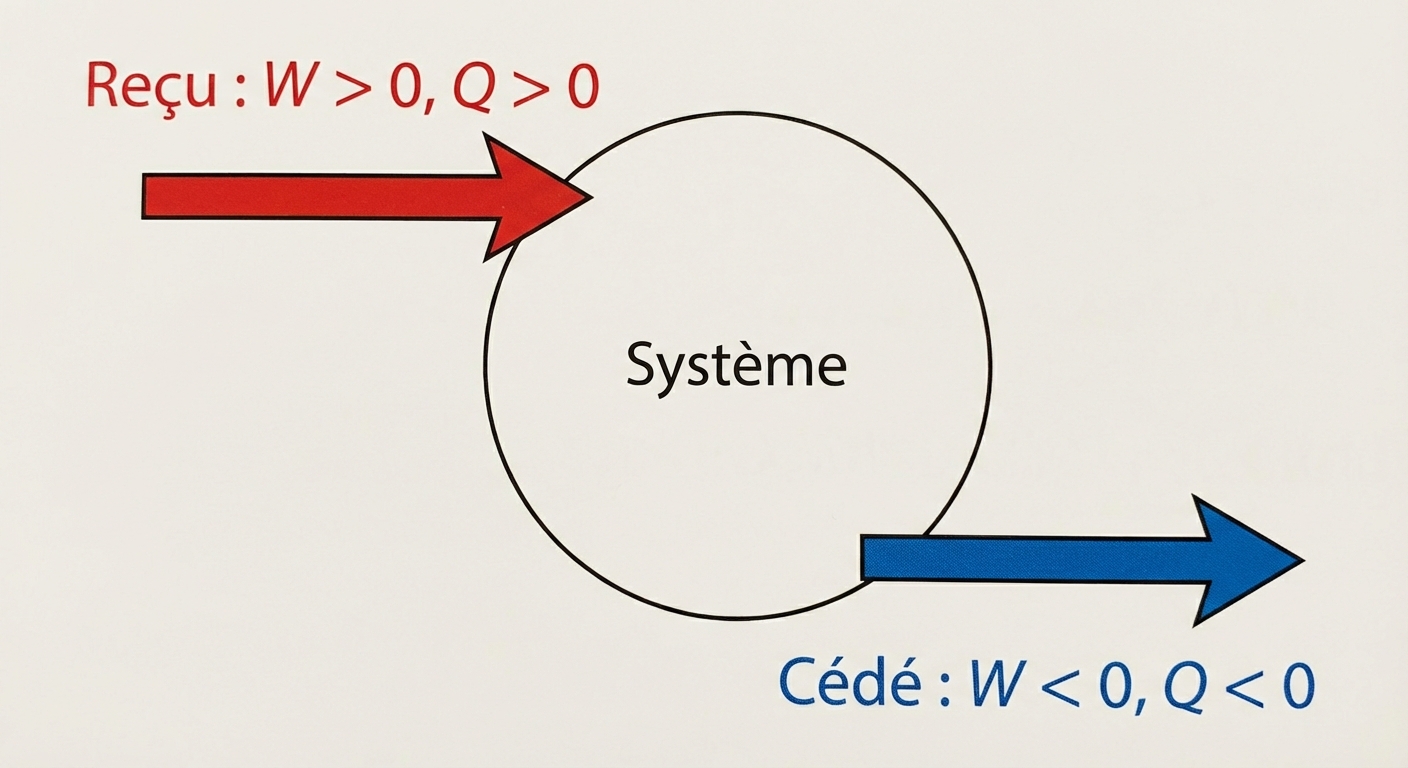 Schéma centré : un cercle représentant le 'Système'. Une flèche entrante rouge indique 'Reçu : W > 0, Q > 0'. Une flèche sortante bleue indique 'Cédé : W < 0, Q < 0'.