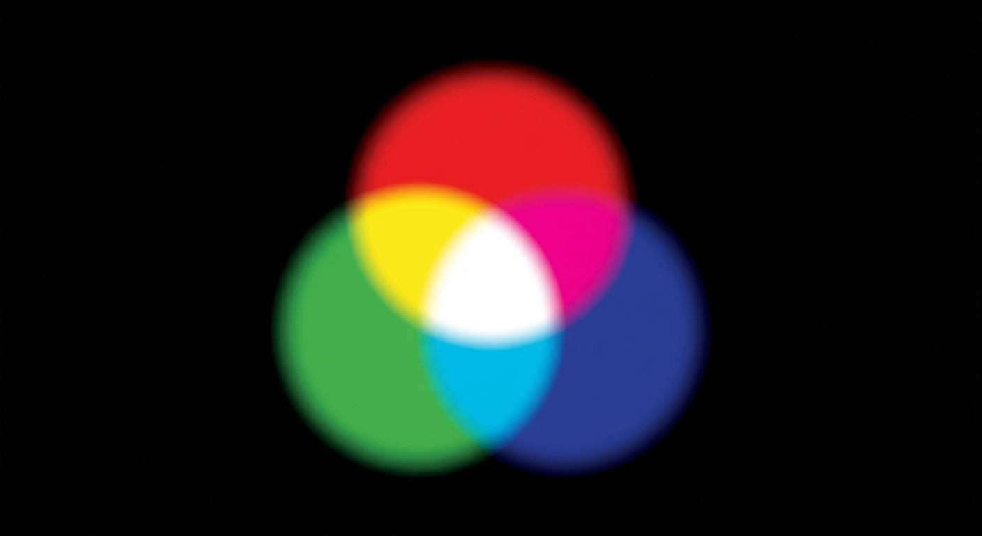 Diagramme de Venn de trois cercles lumineux (Rouge, Vert, Bleu) sur fond noir. Intersection R+V=Jaune. Intersection R+B=Magenta. Intersection V+B=Cyan. Centre R+V+B=Blanc.