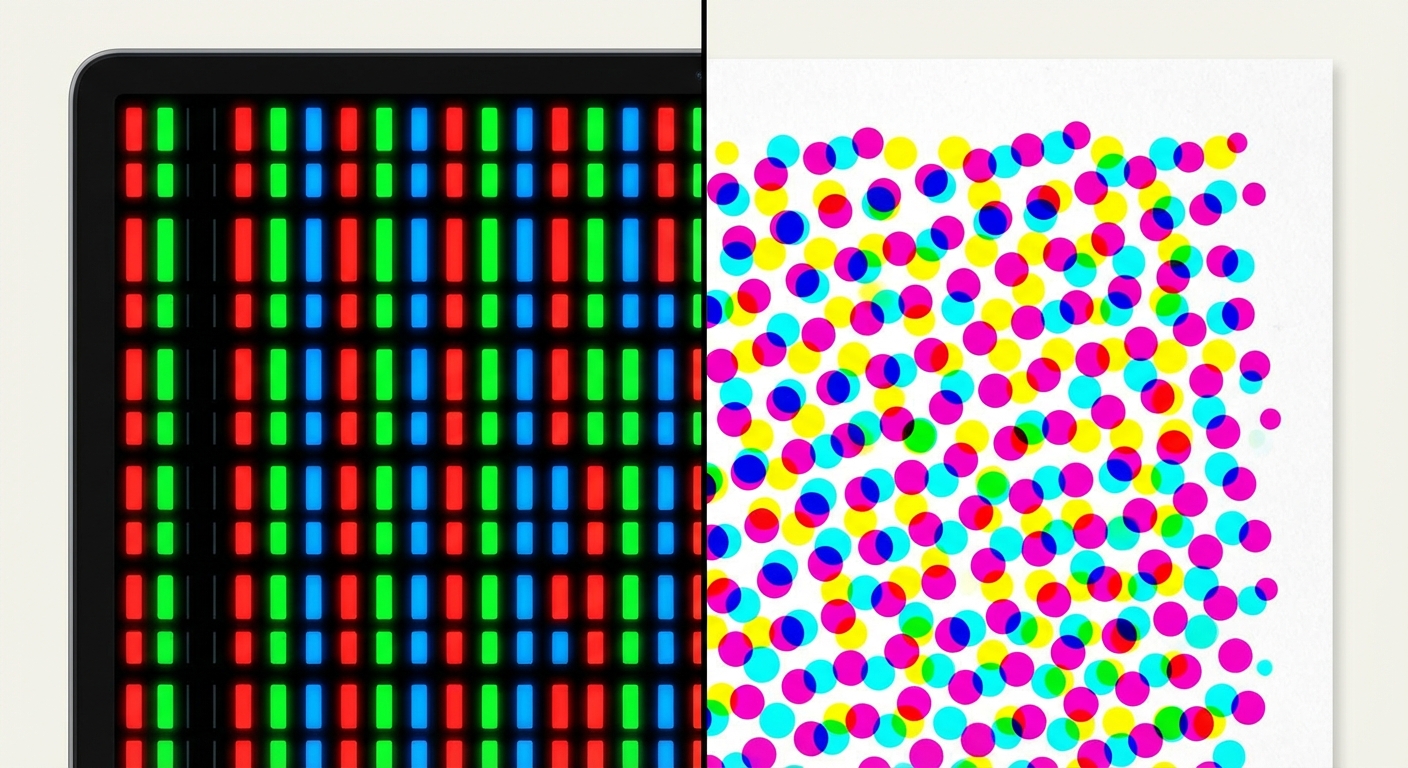 Schéma divisé en deux parties. À gauche, zoom sur un écran noir montrant des sous-pixels Rouge, Vert et Bleu allumés. À droite, zoom sur une feuille blanche montrant des points d'encre Cyan, Magenta et Jaune superposés.