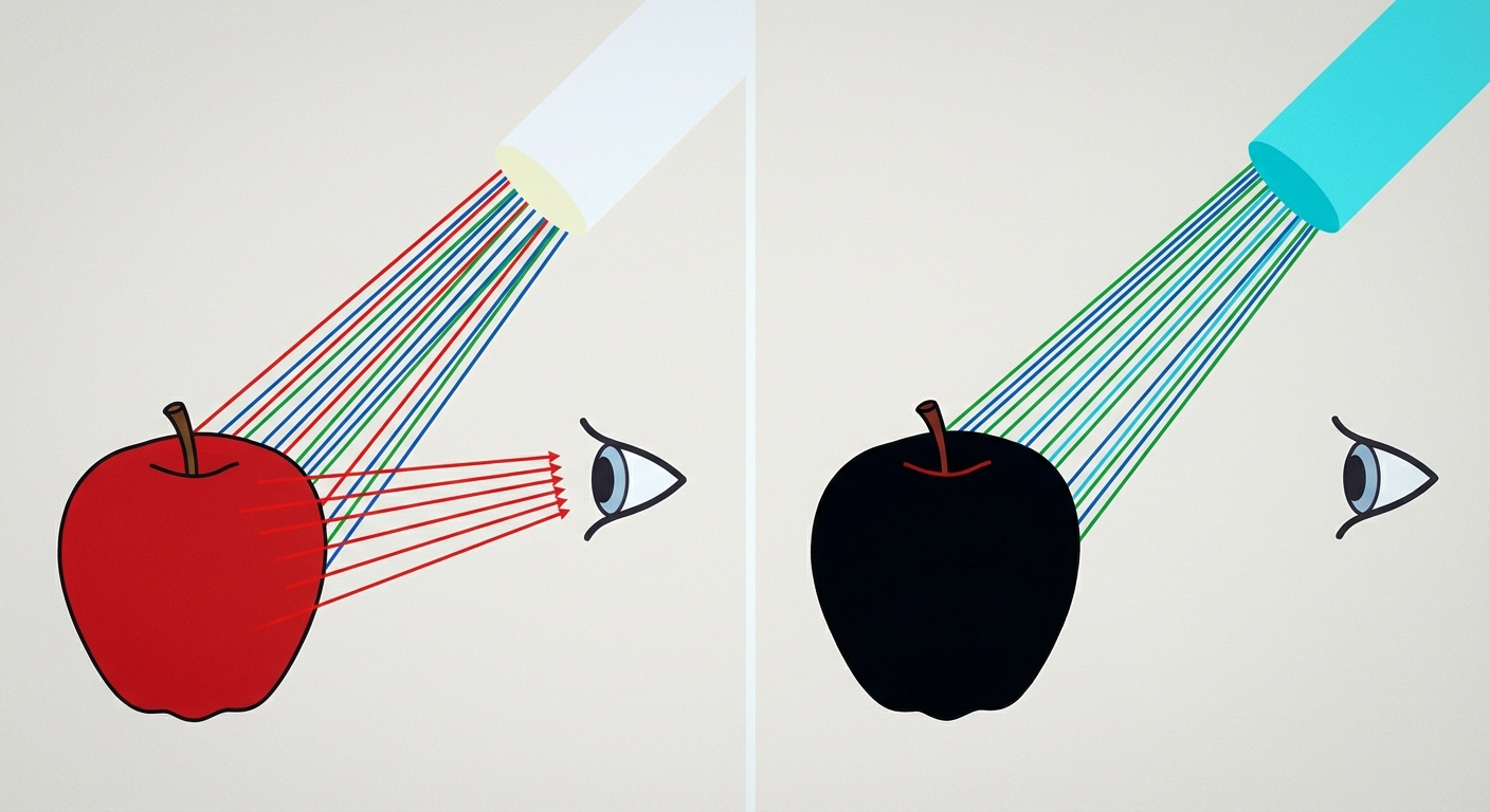 Schéma côte à côte. 1) Pomme sous lumière blanche : rayons rouges diffusés vers l'œil. 2) Pomme sous lumière Cyan : aucun rayon diffusé, la pomme apparaît noire.