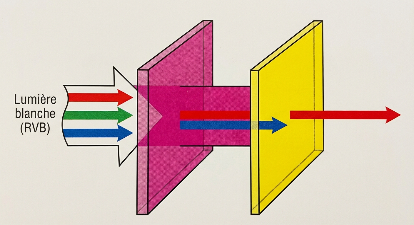 Schéma : Lumière blanche (RVB) traverse un filtre Magenta. Le vert est bloqué, il reste R et B (Magenta). Ce flux traverse ensuite un filtre Jaune. Le bleu est bloqué. Il ne reste que le rayon Rouge à la sortie.