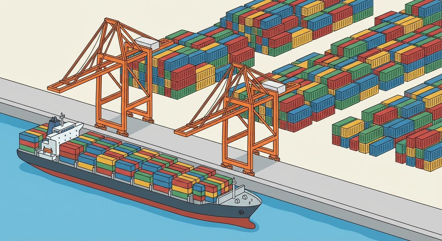 Schéma simple d'un port industriel. Au premier plan, un immense porte-conteneurs sur l'eau. Sur le quai en béton, deux grandes grues portiques. Juste derrière, une vaste zone de stockage avec des piles de conteneurs colorés bien rangés.