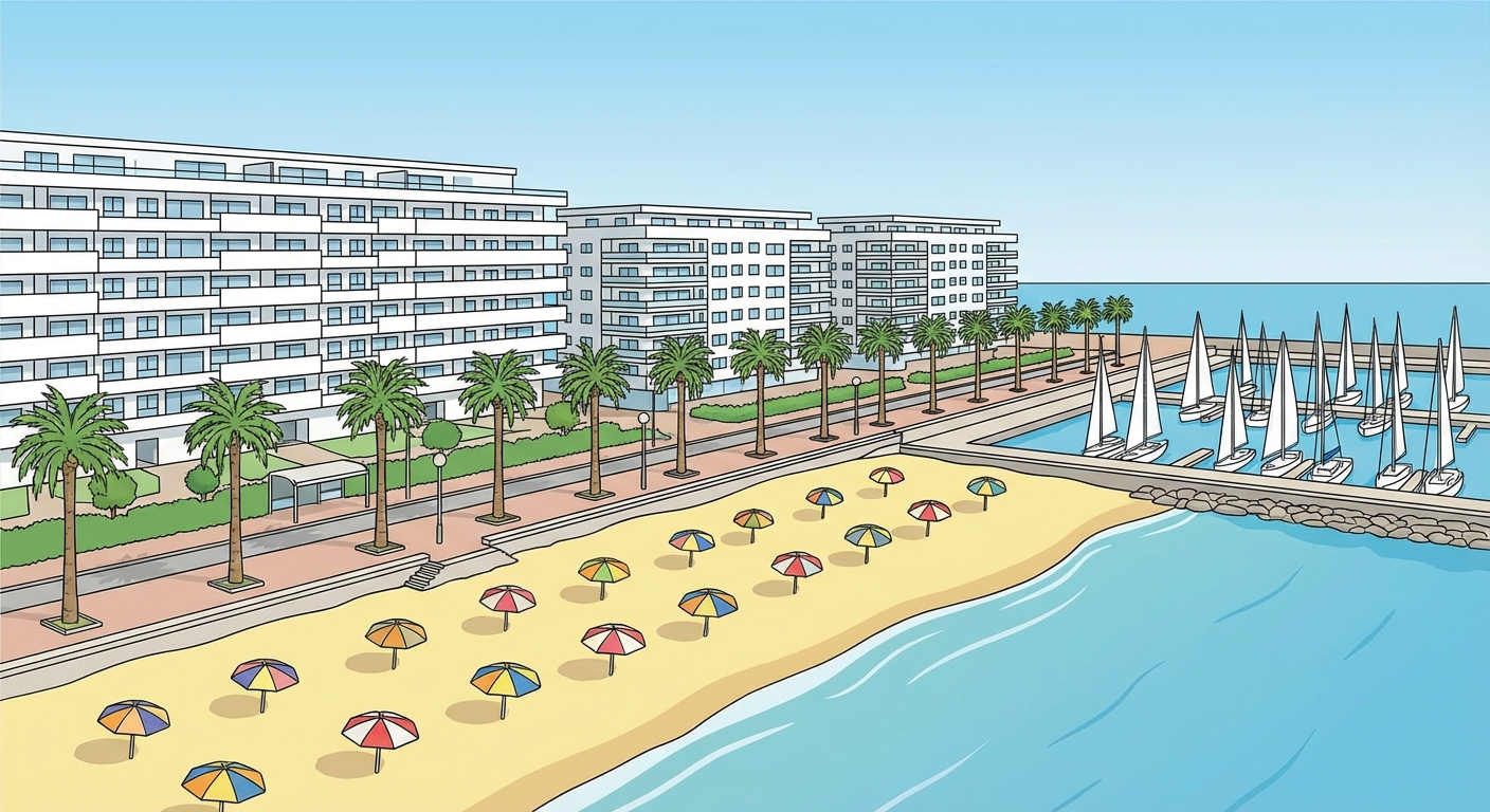 Dessin coloré vue du ciel d'une station balnéaire. Au premier plan, une plage de sable avec des parasols. Juste derrière, un front de mer piéton avec des palmiers. En arrière-plan, de grands immeubles blancs modernes. Sur la droite, une marina avec des voiliers blancs.