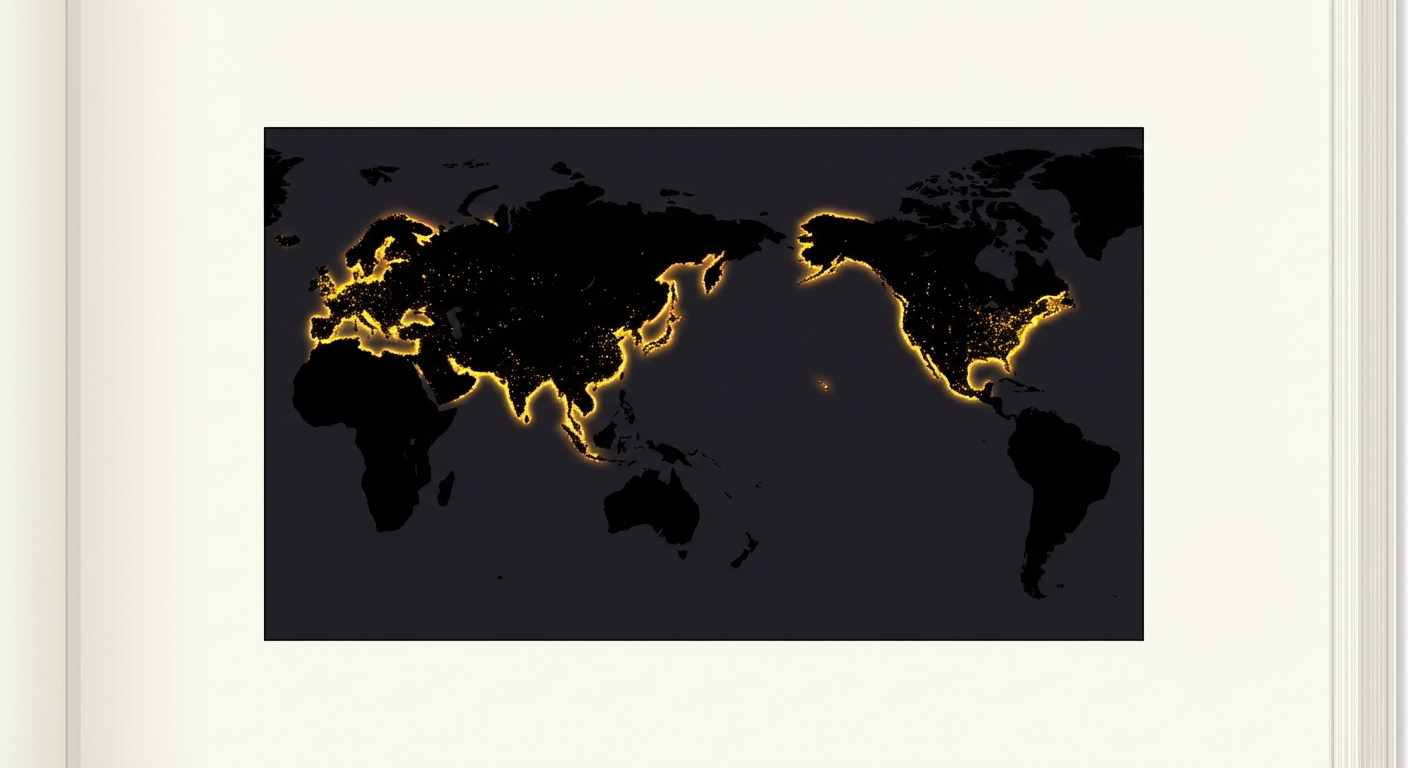 Carte du monde simplifiée sur fond sombre. Les continents sont visibles en silhouette noire. Les zones côtières, notamment en Asie, Europe et Amérique du Nord, sont surlignées par des points lumineux jaunes et oranges denses.