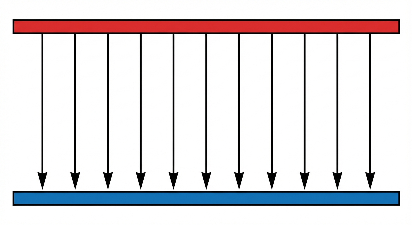 Schéma 2D vue de coupe d'un condensateur plan. Deux plaques horizontales parallèles : une plaque positive en haut (rouge), une plaque négative en bas (bleue). Des flèches verticales régulières descendent de la plaque positive vers la négative pour représenter le champ électrique E. Fond blanc, style scolaire épuré.