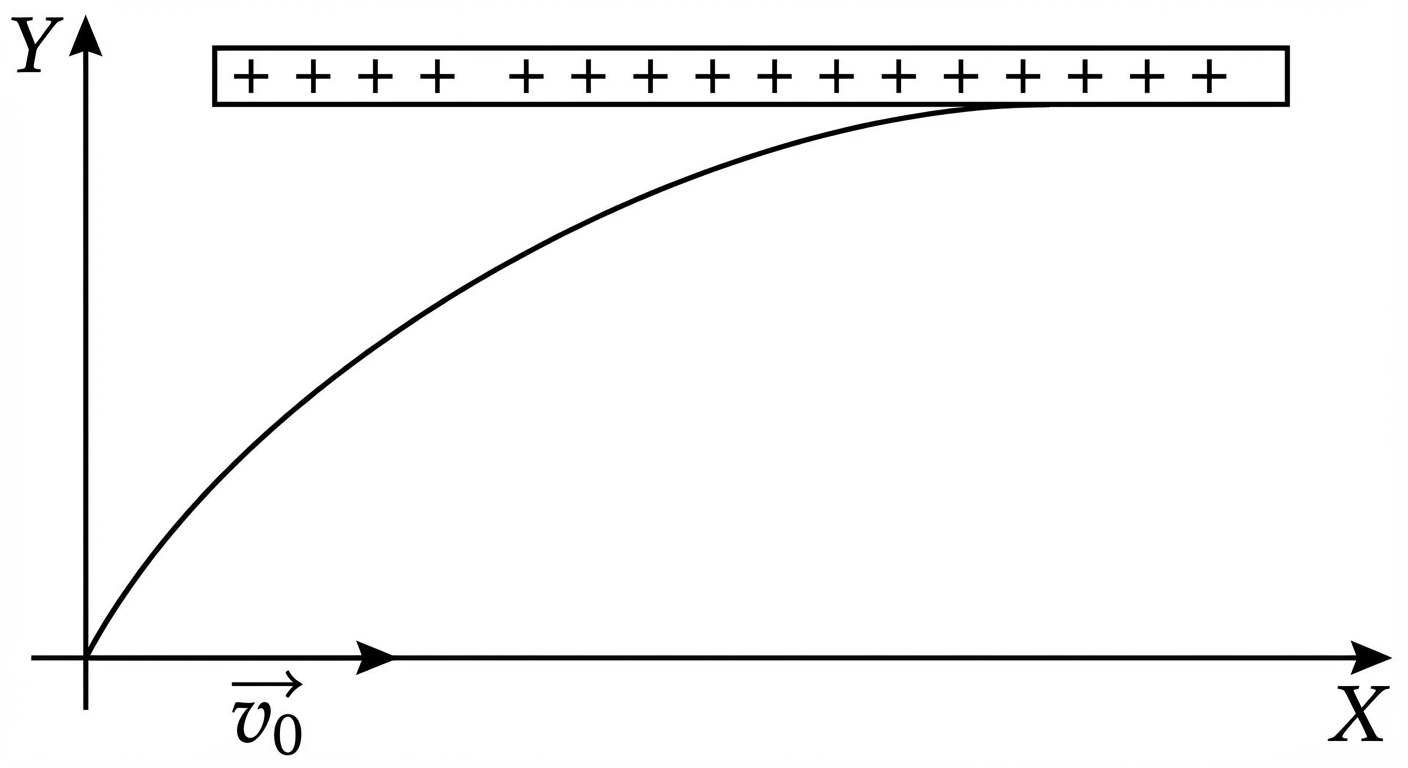Schéma sur fond blanc. Un repère (axe X horizontal, axe Y vertical). Une trajectoire courbe (parabole) part de l'origine et monte vers la droite, attirée vers une plaque positive située en haut. Indiquer v0 horizontal au départ.