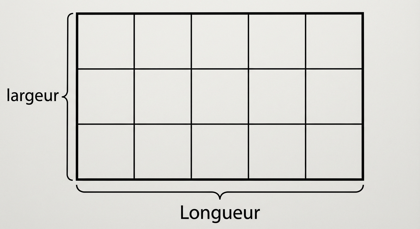 Schéma d'un rectangle quadrillé. Le rectangle a une longueur de 5 carreaux et une largeur de 3 carreaux. Les carreaux à l'intérieur sont visibles (grille). Une accolade horizontale indique 'Longueur', une accolade verticale indique 'largeur'. Fond blanc.
