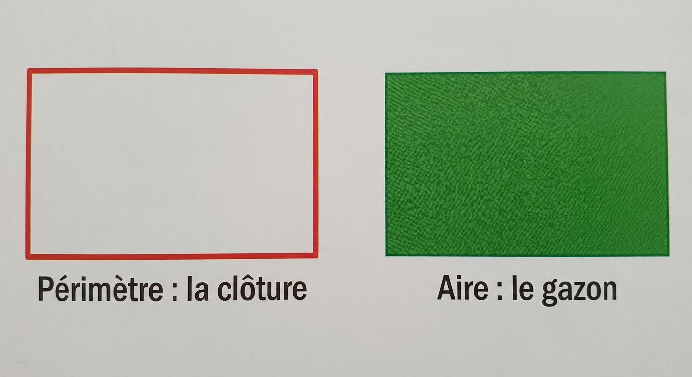 Dessin schématique en deux parties. À gauche, un rectangle dont seul le contour est tracé en rouge épais (légendé 'Périmètre : la clôture'). À droite, le même rectangle dont l'intérieur est entièrement colorié en vert (légendé 'Aire : le gazon'). Fond blanc simple.