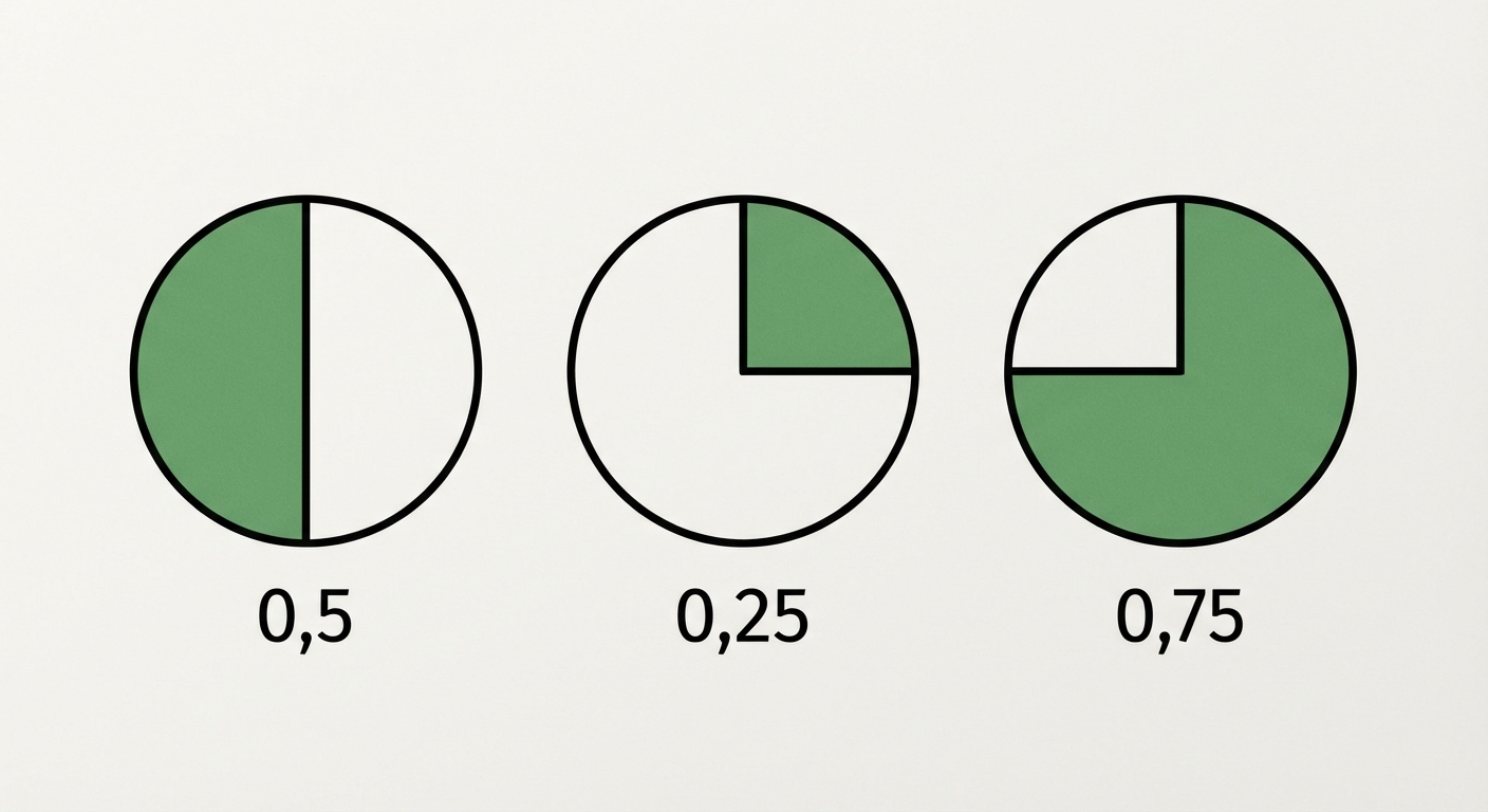 Trois cercles alignés horizontalement. Le 1er cercle est colorié à moitié en vert avec le texte '0,5' dessous. Le 2e cercle a un quart colorié en vert avec le texte '0,25' dessous. Le 3e cercle a trois quarts coloriés en vert avec le texte '0,75' dessous.