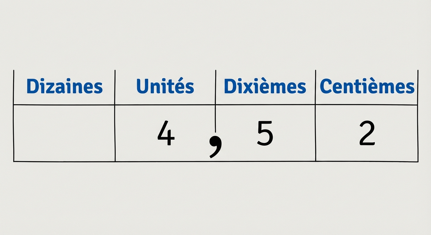 Tableau de numération avec colonnes : Dizaines, Unités, Dixièmes, Centièmes. Une ligne remplie avec : le chiffre 4 sous Unités, une grosse virgule sur le trait, le chiffre 5 sous Dixièmes, le chiffre 2 sous Centièmes.