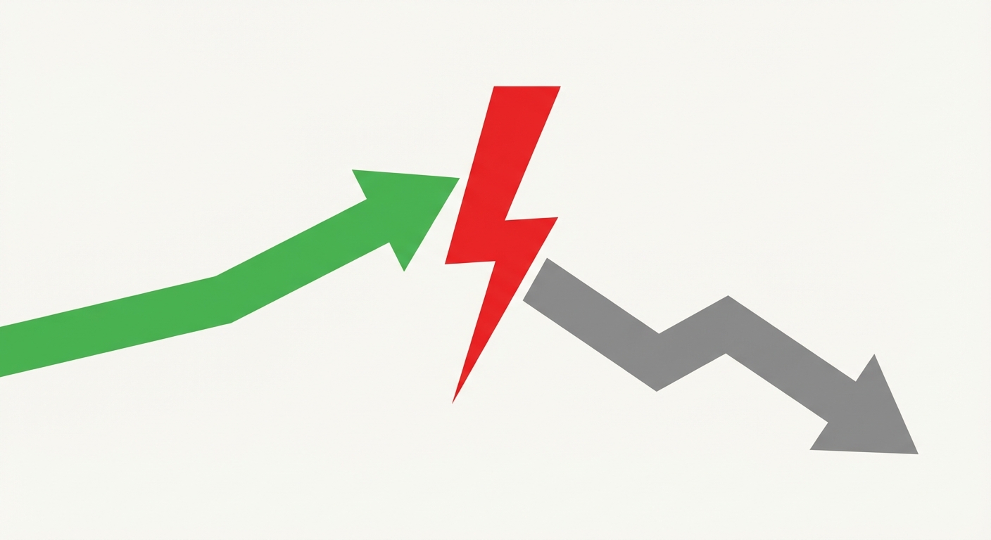 Schéma simple : une flèche verte qui monte vers la droite (croissance), brisée net par un éclair rouge au milieu, suivie d'une flèche grise qui descend (crise).