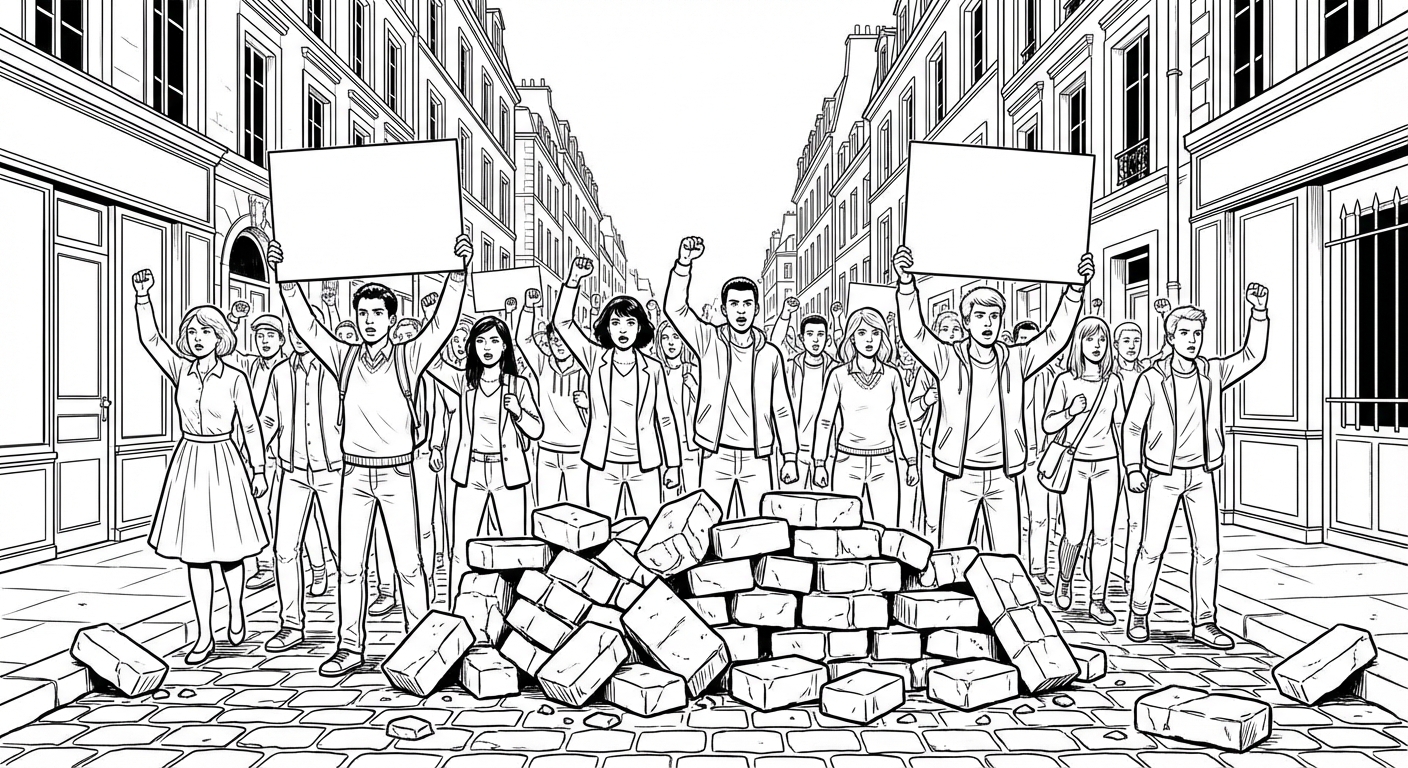 Dessin style bande dessinée en noir et blanc : une foule d'étudiants dans une rue pavée parisienne. Ils lèvent le poing et tiennent deux pancartes rectangulaires vierges. Au premier plan, une barricade faite de pavés.