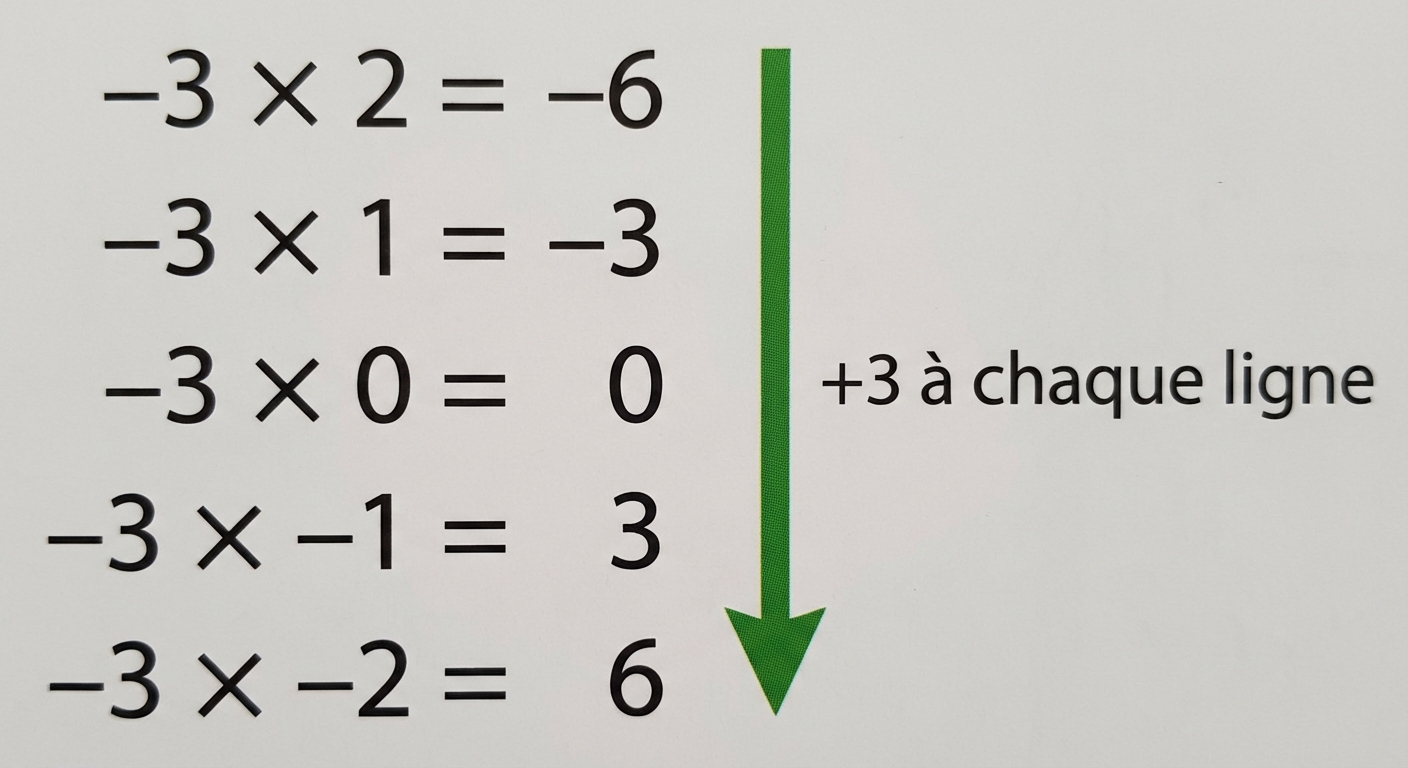 Schéma simple sur fond blanc. Une liste verticale de calculs : '-3 x 2 = -6', '-3 x 1 = -3', '-3 x 0 = 0', '-3 x -1 = 3', '-3 x -2 = 6'. Une flèche verte pointe vers le bas à côté des résultats indiquant que les nombres augmentent de +3 à chaque ligne.