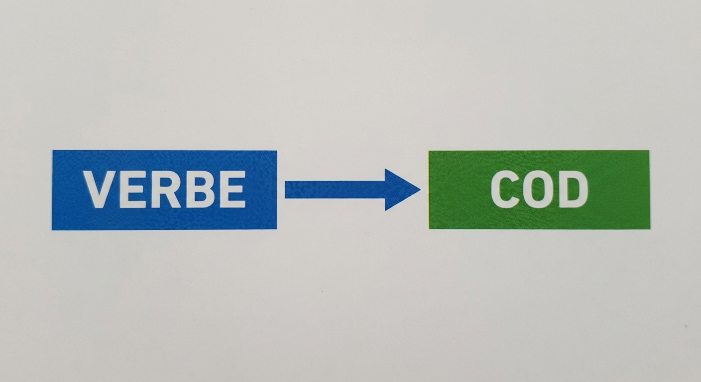 Schéma minimaliste sur fond blanc. À gauche, une boîte bleue avec le mot VERBE. À droite, une boîte verte avec le mot COD. Une flèche droite et épaisse relie directement la boîte VERBE à la boîte COD sans interruption.