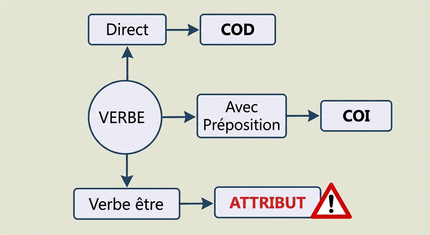 Dessin simple type carte mentale. Au centre un cercle 'VERBE'. Trois flèches partent du centre. 1ère flèche vers le haut 'Direct' -> 'COD'. 2ème flèche vers la droite 'Avec Préposition' -> 'COI'. 3ème flèche vers le bas 'Verbe être' -> 'ATTRIBUT' en rouge (signe danger).