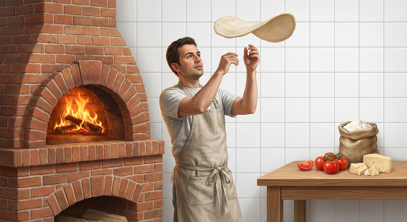 Illustration réaliste d'une cuisine de pizzeria. Au centre, un pizzaiolo en tablier lance de la pâte en l'air. À gauche, un grand four à bois en briques avec des flammes. Sur une table à droite, des ingrédients disposés : un sac de farine, des tomates rouges et du fromage. Fond carrelé blanc.