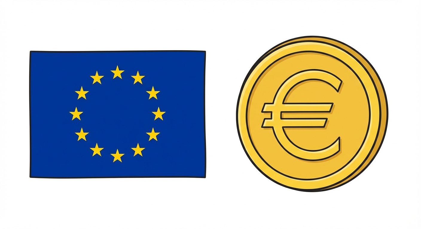 Dessin simple et coloré vu de face montrant le drapeau européen, un rectangle bleu avec un cercle de douze étoiles jaunes au centre. À côté du drapeau, une grande pièce de monnaie dorée portant le symbole de l'euro. Fond totalement blanc, aucun texte.