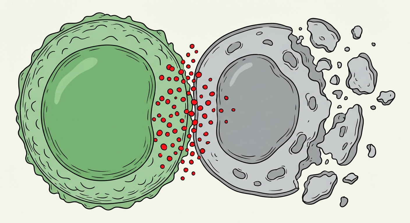 Zoom sur deux cellules collées. À gauche, le lymphocyte (vert) libère des granules rouges vers la cellule de droite (grise, infectée). La cellule grise commence à se fragmenter en petits corps apoptotiques.