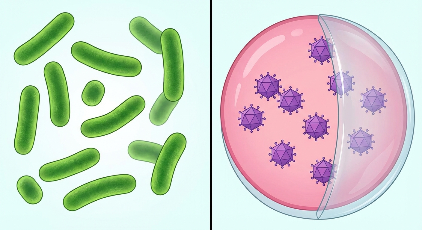 Schéma simple divisé en deux. À gauche : des bactéries (bâtonnets verts) flottent librement et sont accessibles. À droite : une cellule (cercle rose) contient des virus (hexagones violets) cachés à l'intérieur, inaccessibles depuis l'extérieur.