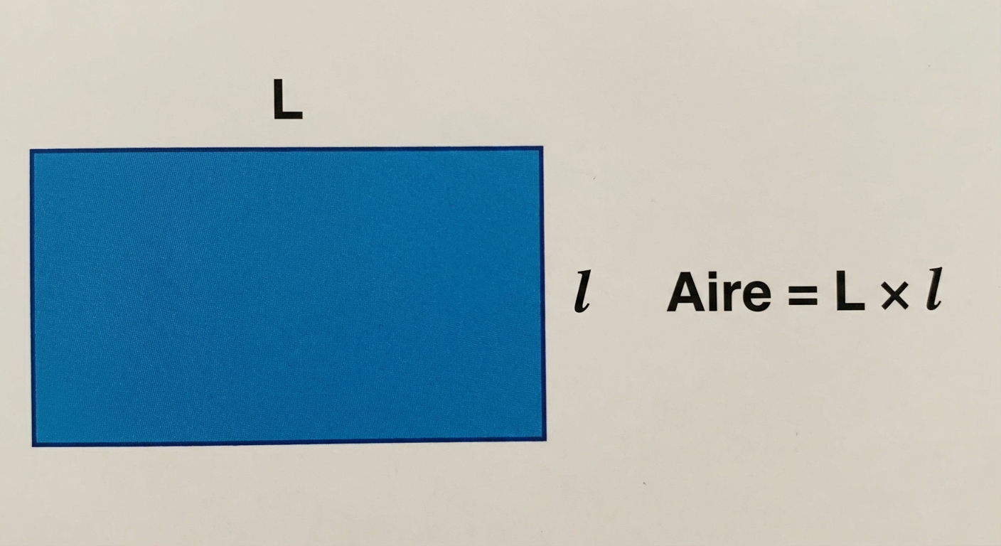 Dessin simple d'un rectangle bleu. Le grand côté est annoté 'L' (majuscule) et le petit côté 'l' (minuscule). À côté, l'égalité : Aire = L × l.