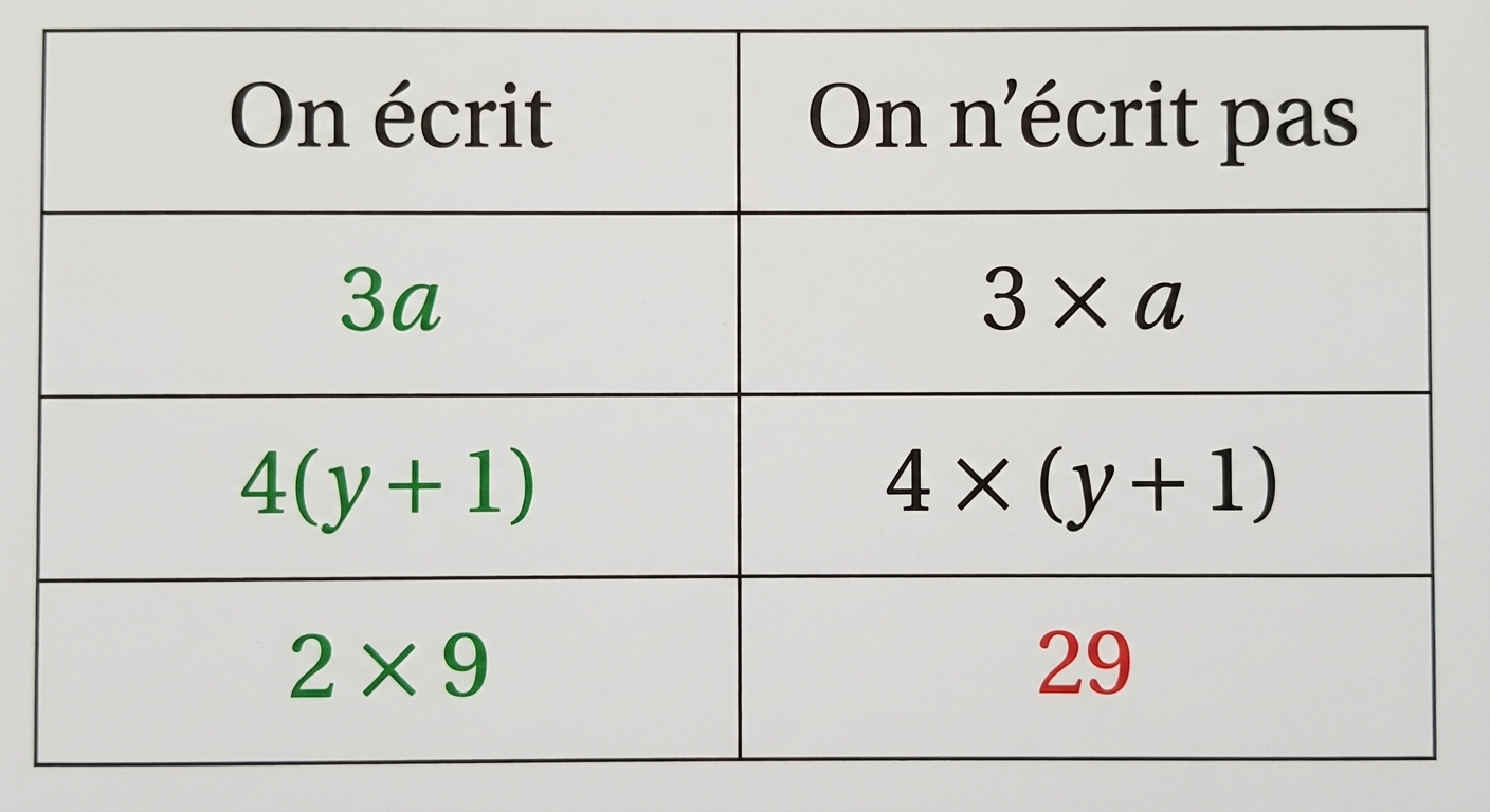 Tableau à deux colonnes. Colonne 1 : 'On écrit'. Colonne 2 : 'On n'écrit pas'. Ligne 1 : '3a' (vert) au lieu de '3 × a'. Ligne 2 : '4(y+1)' (vert) au lieu de '4 × (y+1)'. Ligne 3 : '2 × 9' (vert) et jamais '29' (rouge).