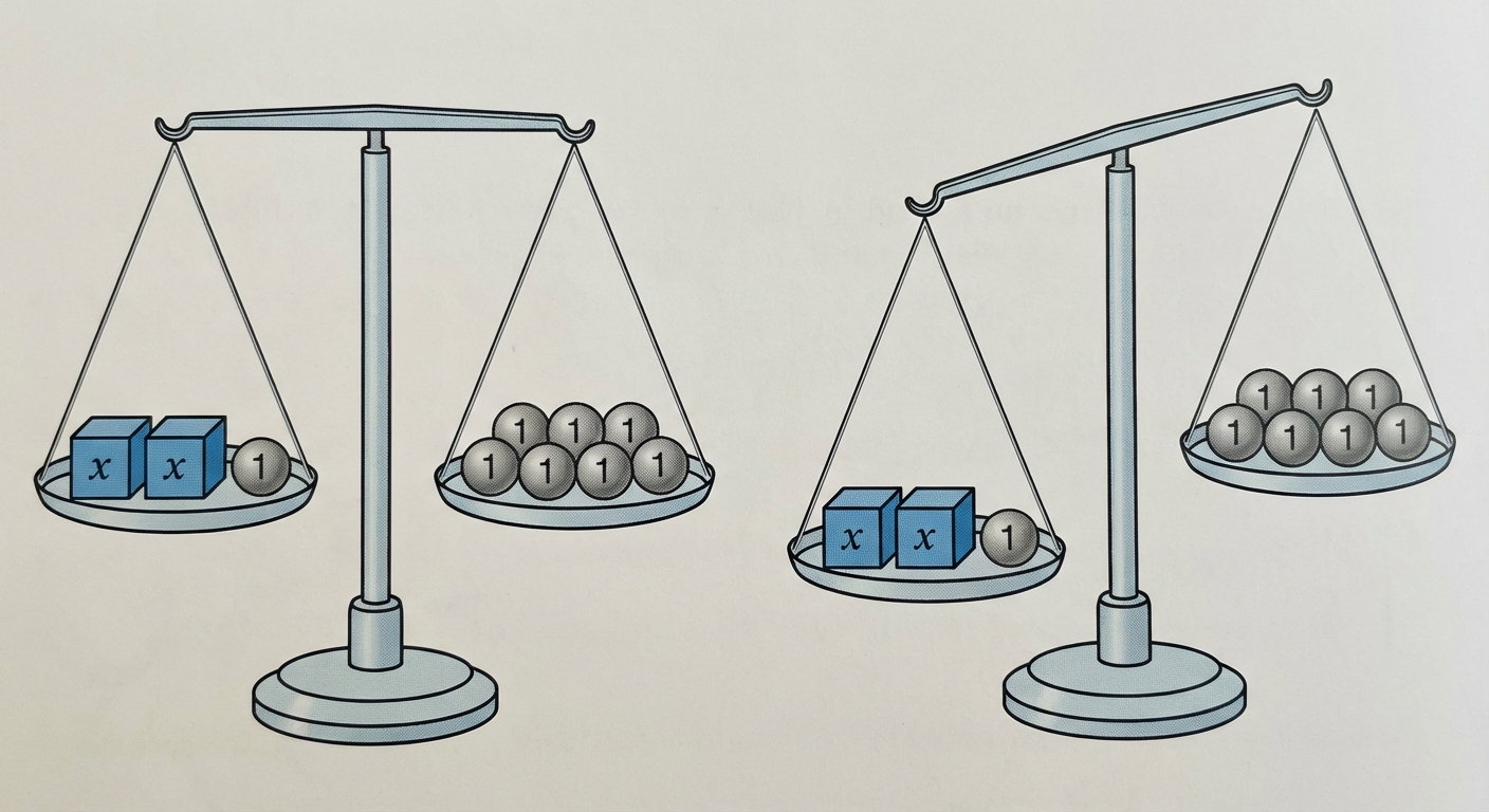 Illustration d'une balance Roberval. Cas 1 (x=3) : les plateaux sont au même niveau (7 kg et 7 kg). Cas 2 (x=4) : le plateau de gauche (9 kg) est plus bas que celui de droite (7 kg), la balance penche.