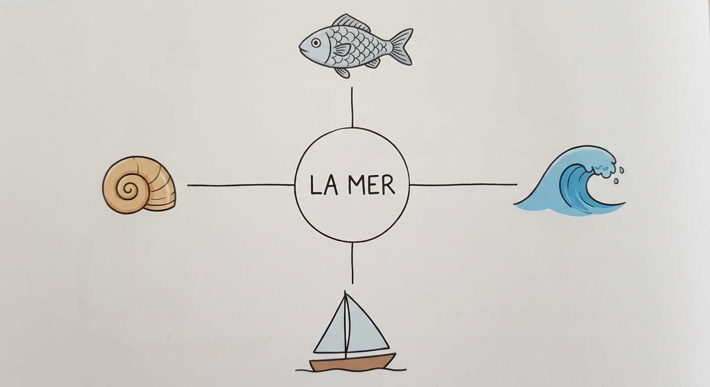 Schéma simple sur fond blanc : au centre, un cercle avec écrit 'LA MER'. Autour, reliés par des traits, quatre dessins simples : un poisson, une vague bleue, un bateau à voile et un coquillage.