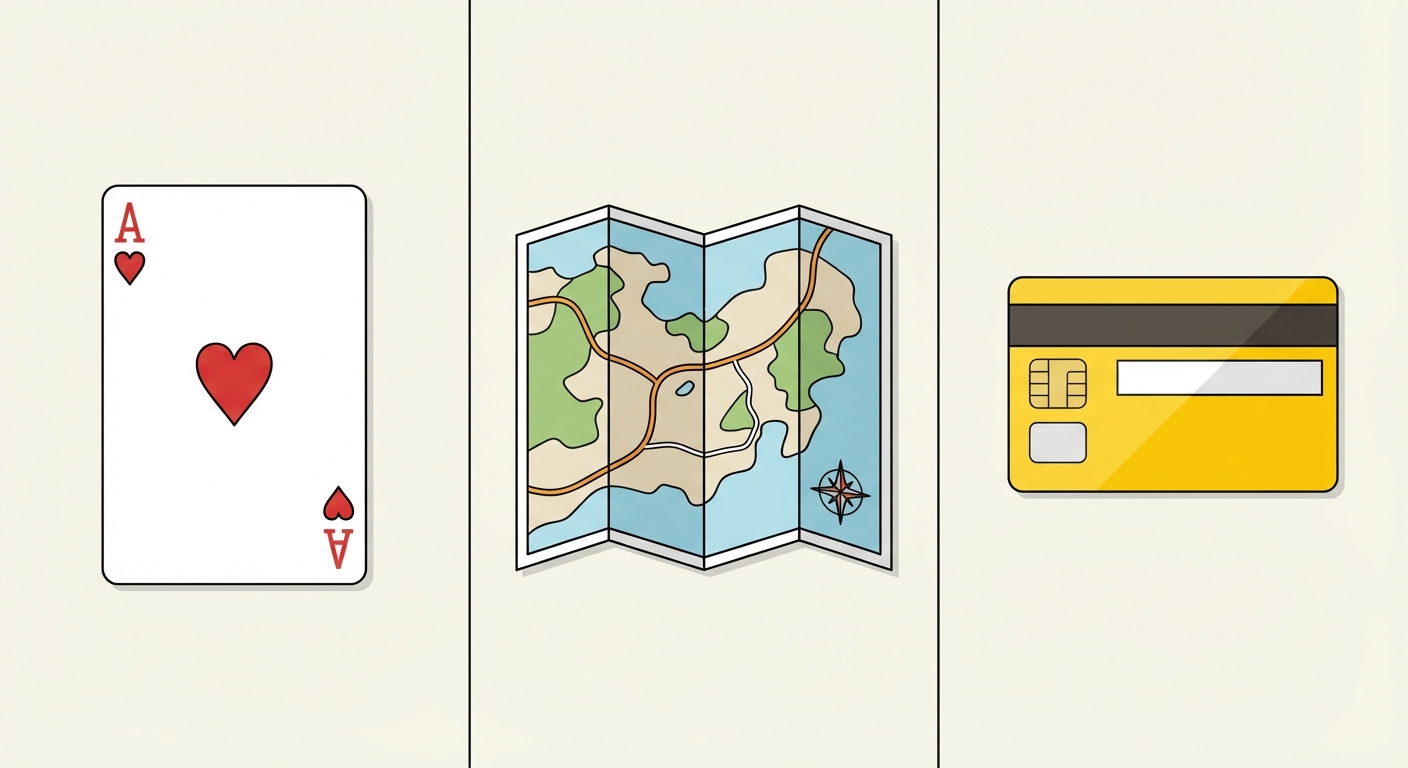 Dessin divisé en trois parties égales. Partie 1 : une carte à jouer (as de cœur). Partie 2 : une carte géographique pliée. Partie 3 : une carte bancaire rectangulaire jaune. Pas de texte.