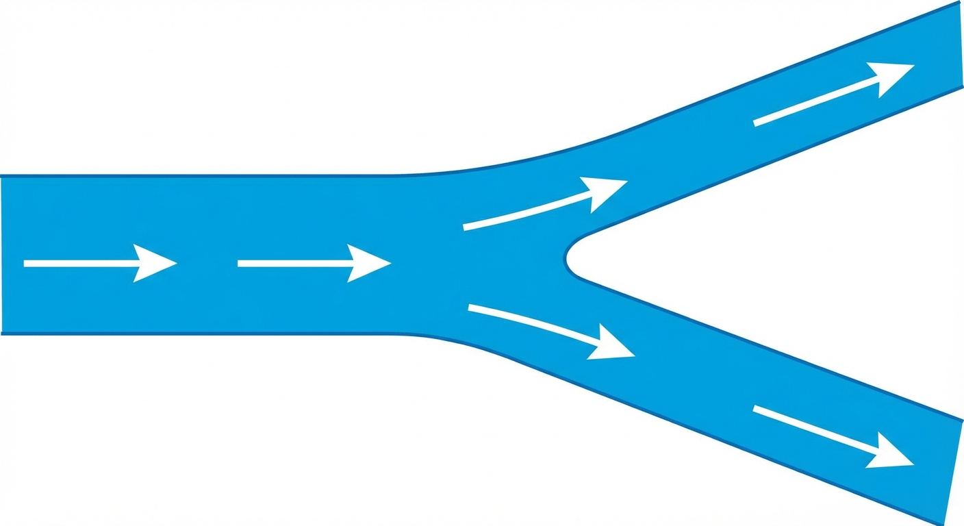Dessin schématique simple vue de dessus. Une rivière large bleue arrive de la gauche. Elle se sépare en deux bras plus étroits vers la droite, formant un Y. Des flèches blanches sur l'eau indiquent le sens du courant de gauche à droite, montrant la conservation du flux.