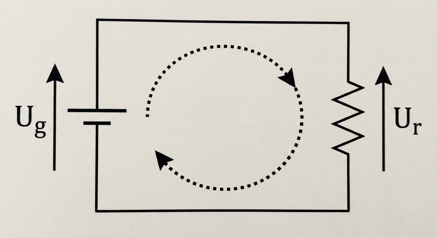Schéma électrique d'une maille simple rectangulaire. À gauche un générateur (Ug), à droite une résistance (Ur). Une flèche de parcours courbe en pointillés tourne au centre (sens horaire). La flèche de tension Ug est vers le haut (même sens que parcours). La flèche de tension Ur est vers le haut aussi (sens opposé au parcours descendant).
