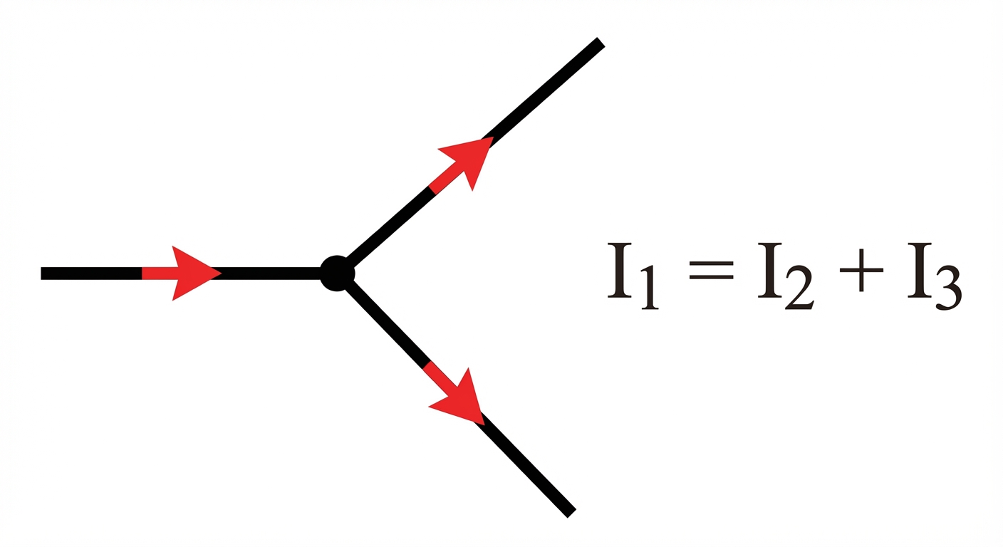 Schéma électrique sur fond blanc. Un point noir central représente le nœud. Trois fils noirs en partent. Une flèche rouge sur le fil de gauche pointe vers le nœud (I1). Deux flèches rouges sur les fils de droite s'éloignent du nœud (I2 et I3). Équation écrite à côté : I1 = I2 + I3.