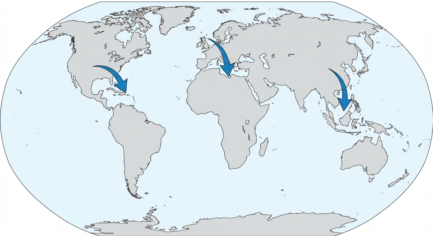 Un planisphère du monde sur fond blanc. De grandes flèches épaisses bleues partent d'Amérique du Nord, d'Europe et d'Asie de l'Est. Ces flèches pointent vers le bassin méditerranéen, les Caraïbes et l'Asie du Sud-Est. Les continents sont gris clair et les océans sont bleu très clair.