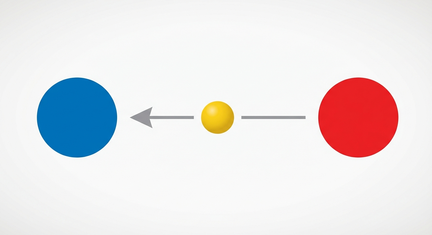 Schéma minimaliste sur fond blanc : à gauche un cercle bleu, à droite un cercle rouge. Une petite bille jaune représentant un électron quitte le cercle rouge pour aller vers le cercle bleu.