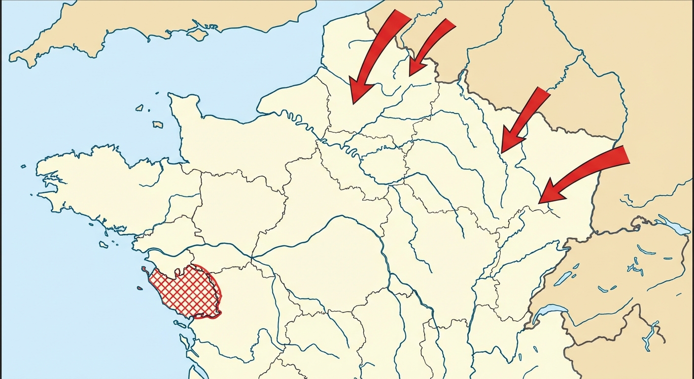 Carte pédagogique de la France en 1793. Flèches d'invasion rouge venant des frontières Nord et Est. Zone rouge hachurée en Vendée pour montrer la guerre civile.