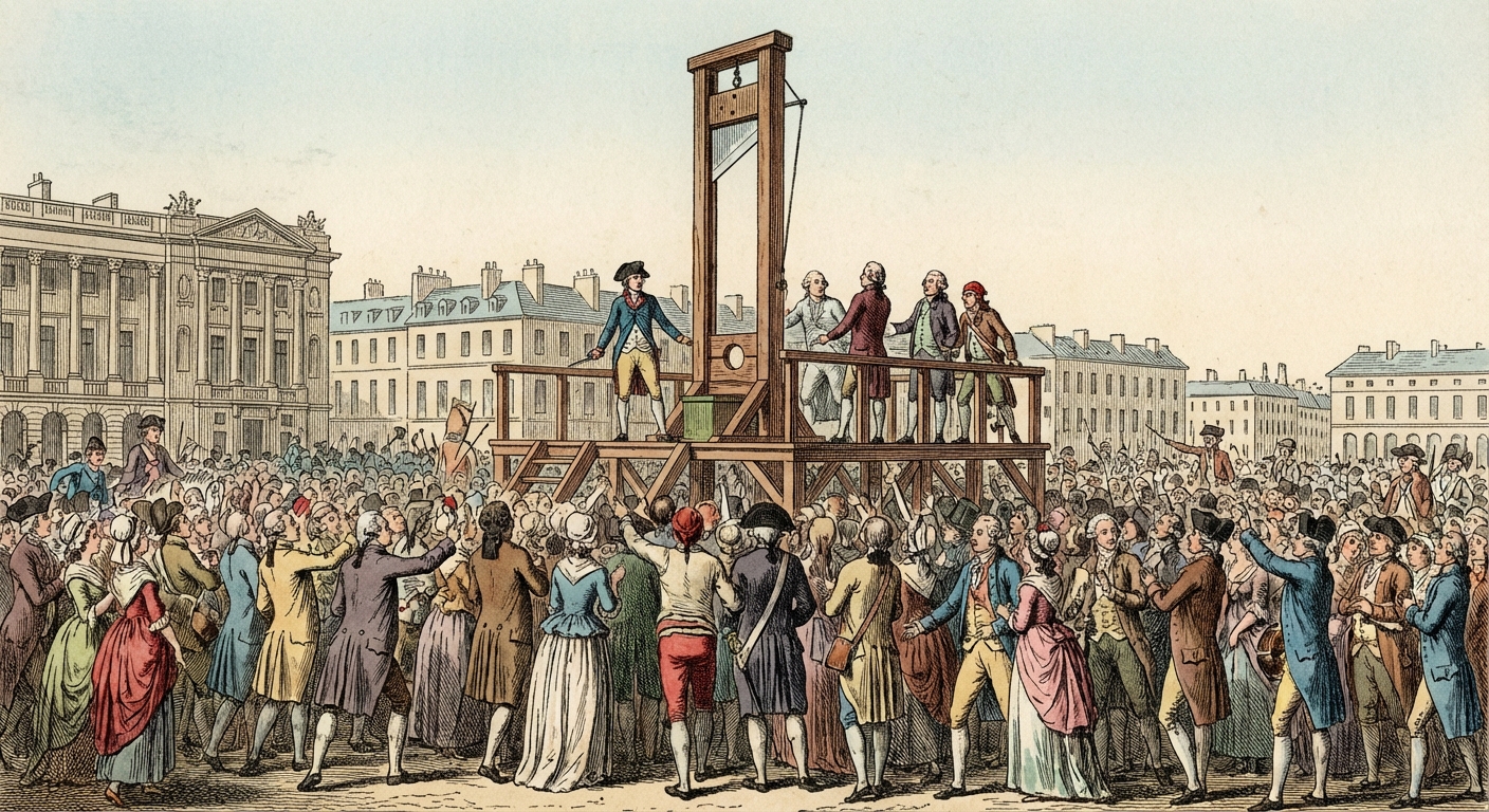 Gravure historique en couleurs de l'exécution de Louis XVI, place de la Révolution, foule nombreuse, guillotine, année 1793.